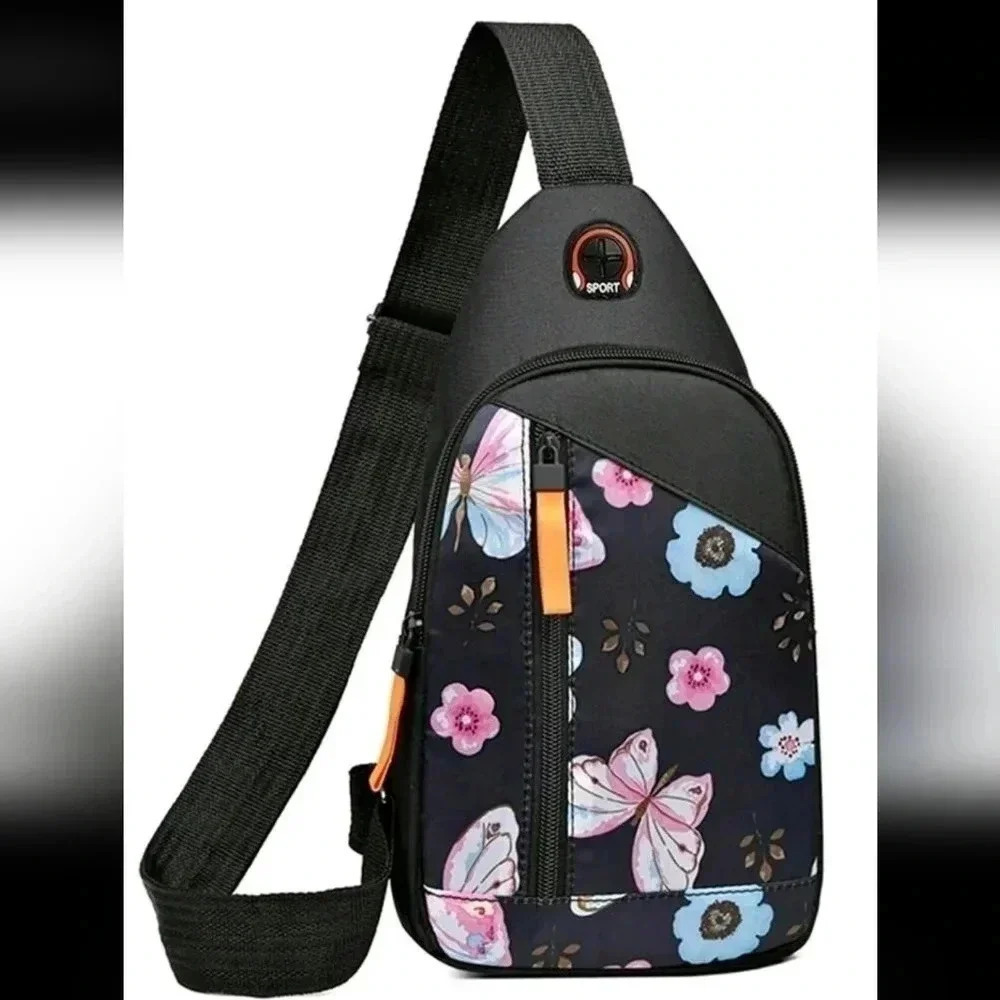 Black pink floral design butterfly bag purse women's crossbody sport satchel